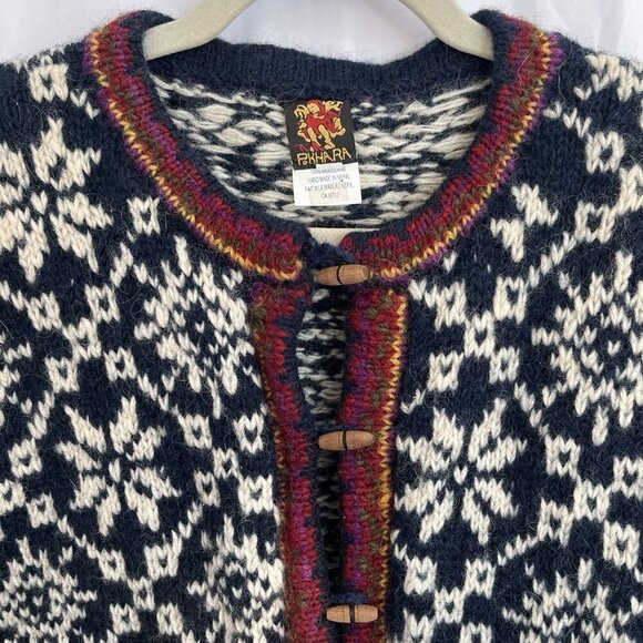 Pokhara Hand Knit Women Wool Cardigan Sweater L Nordic Fair Isle Toggle Buttons - Picture 7 of 13
